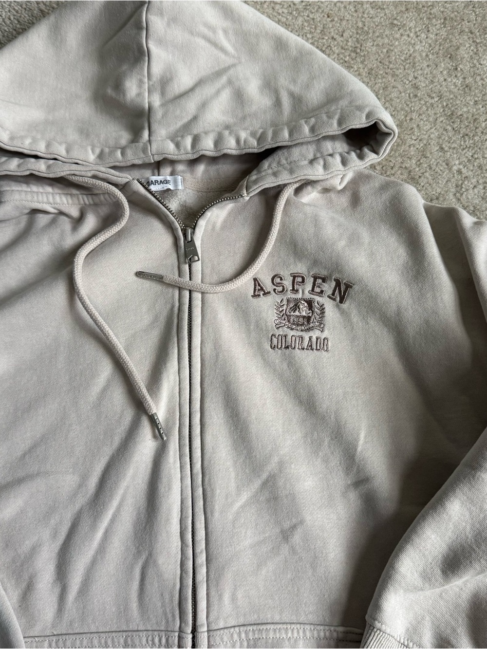 Tan Garage Aspen Colorado Zip-up Sweatshirt Hoodie Embroidered Medium